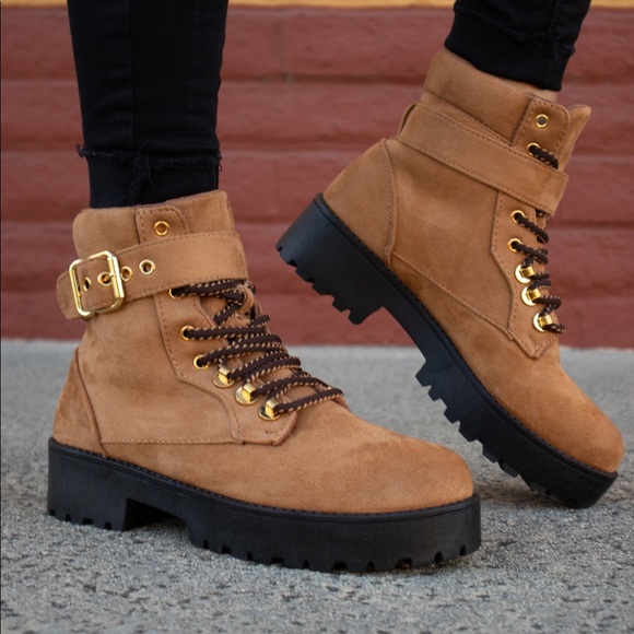 Shoes - Talk Iz Cheap - Camel Ankle Strap Lug Sole Boots
